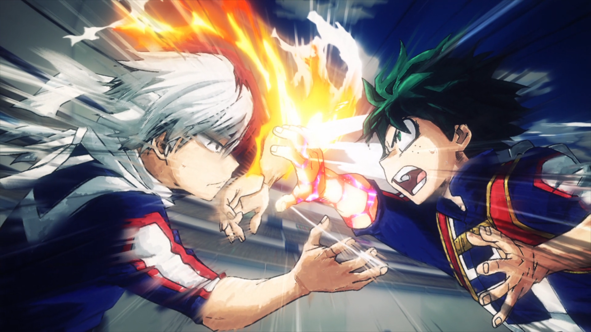 Jeune combattant Izuku affronte Shoto lors d'un duel.