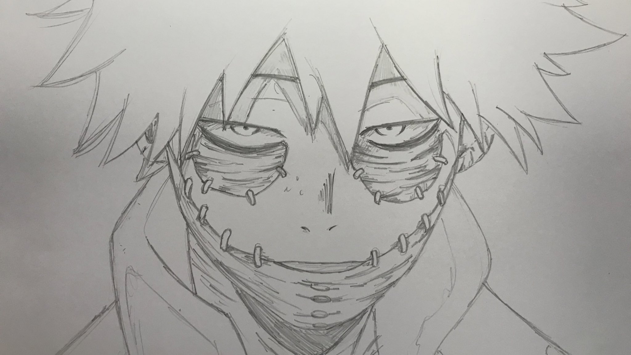 Dessin de Dabi, personnage de manga avec flammes bleues.